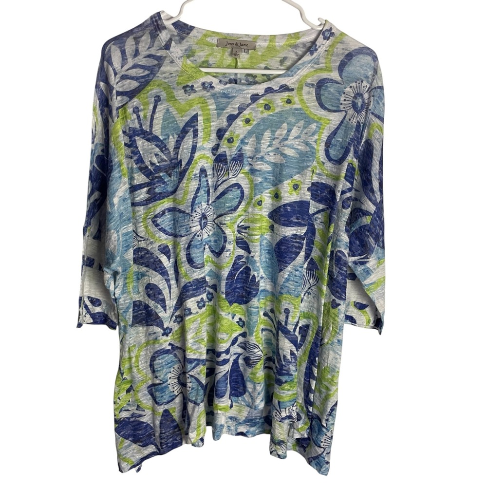 Jess & Jane Womens Floral Tunic Top Size L Blue Floral Slub Knit 3/4 Sleeve